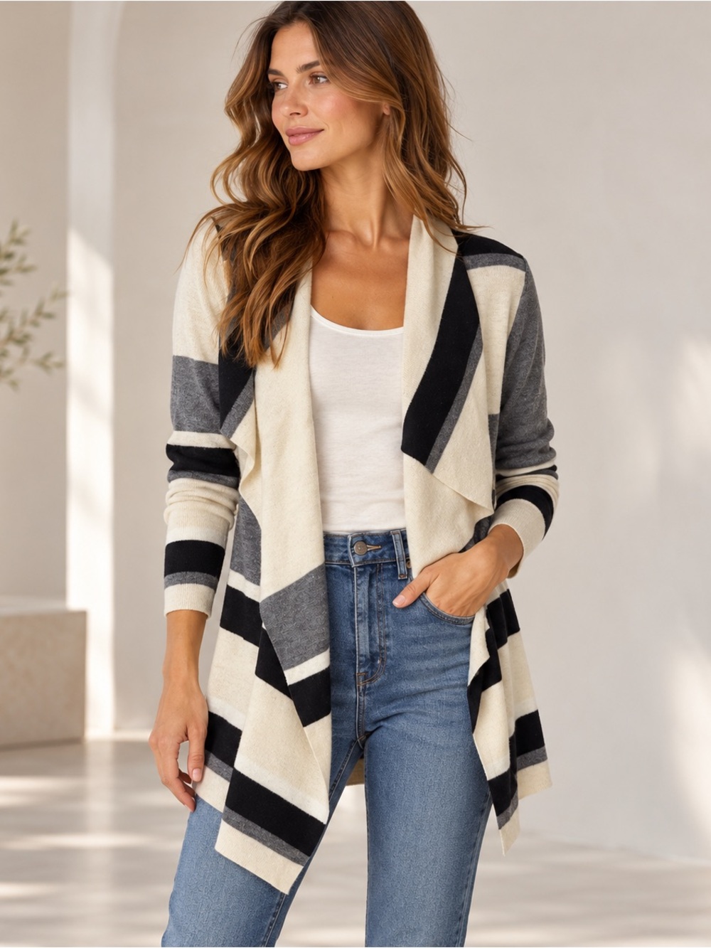 LOFT Striped Open Front Waterfall Cardigan Small Wool Blend Colorblock Sz Small